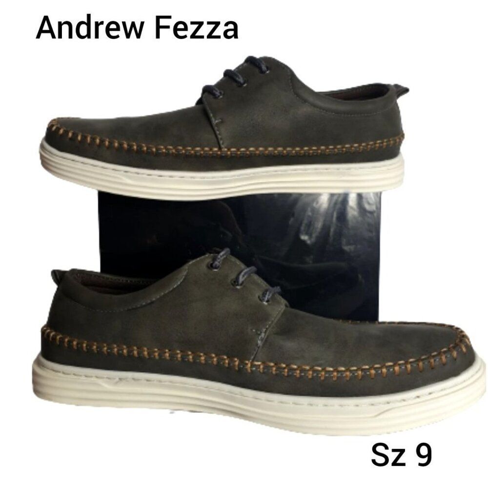 Andrew Fezza Mens Casual Leather Shoes Sz 9 Ash Gray Lace Up Trendy Loafers